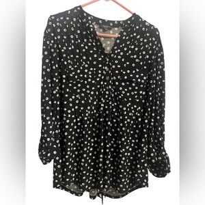 Cocomo Popover Blouse Size 1X Black White Polka Dot Stretch 3/4 Sleeves office